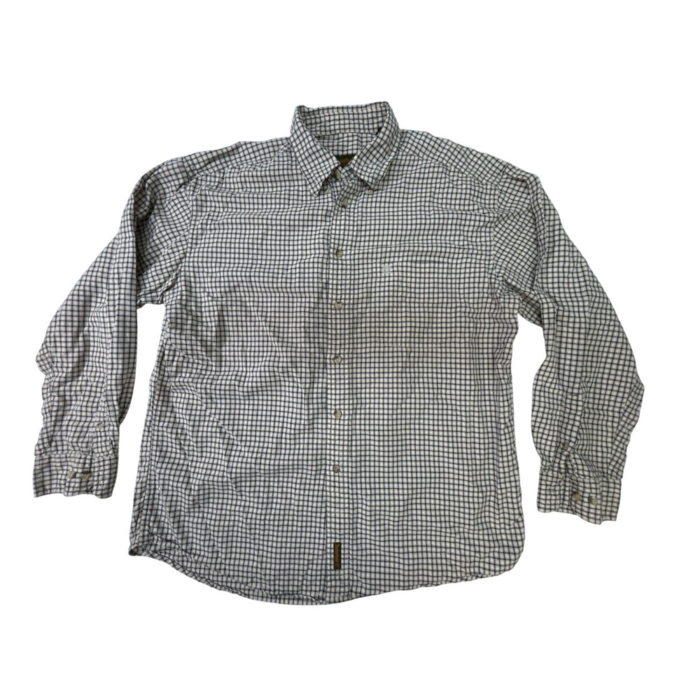 Timberland Weathergear Mens Large Plaid Button Down‎ Shirt Tan Navy Long Sleeve